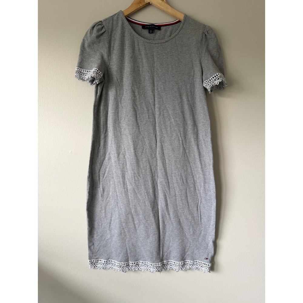 Vintage Tommy Hilfiger Gray Knit Eyelet Lace Puff Sleeve Shift Dress‎ S